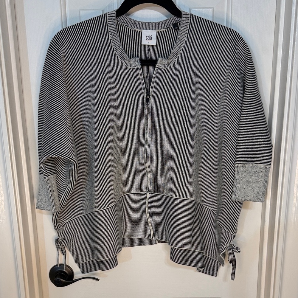 CAbi Black and White Striped Zip-Up Poncho